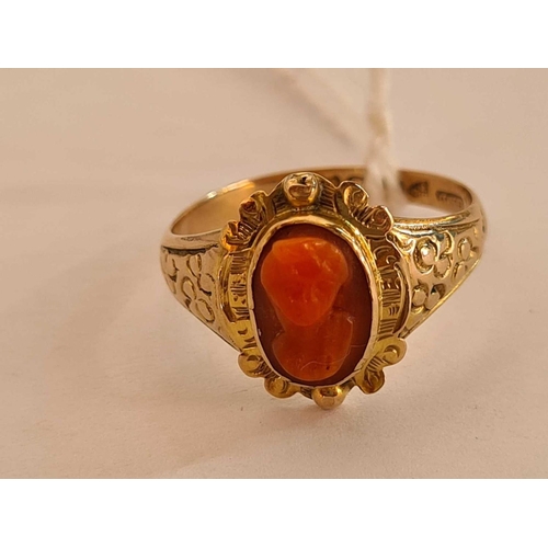 23 - A antique ring set with a coral cameo of a female head Chester 1911 9ct size P   3.3 gms