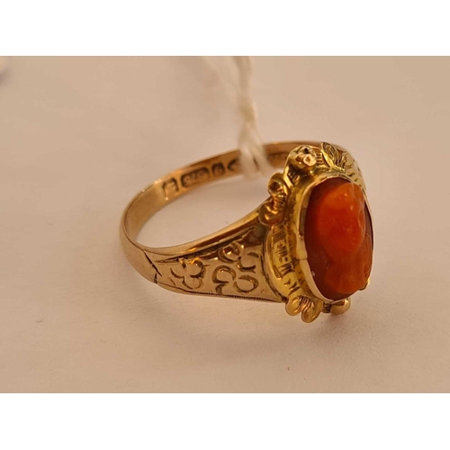 23 - A antique ring set with a coral cameo of a female head Chester 1911 9ct size P   3.3 gms