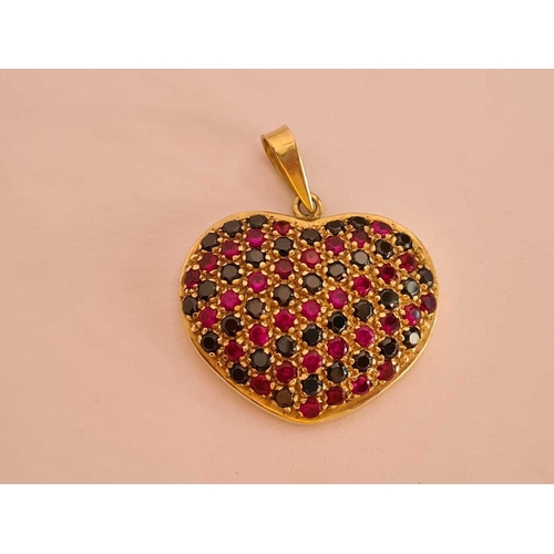 261 - Large ruby & sapphire 14ct gold heart pendant 3cm wide 8.1g inc