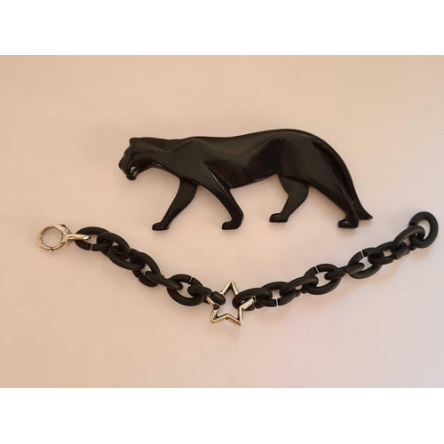 269 - Large 10cm wide black panther celluloid brooch and silver & black link bracelet