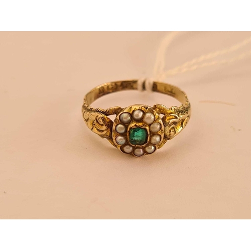 425 - A ANTIQUE VICTORIAN EMERALD AND PEARL CLUSTER RING B HAM 1872, 9CT SIZE M