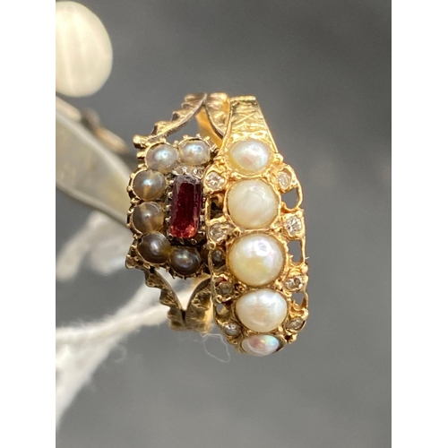 433 - Two antique rings one X earl and diamond 9ct size M one X pearl and garnet size K    3.1 gms inc.