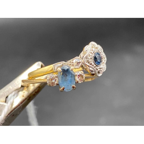 436 - A diamond and sapphire cluster ring size O  and a thre stone aqua and diamond ring size S both 18cct... 