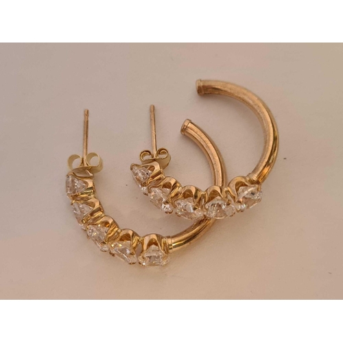 66 - Pair of 9ct and white stone crescent half hoop earrings 2g inc