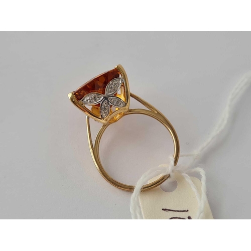 103 - A large triangular citrine & diamond 9ct cocktail ring size N 3.9g inc