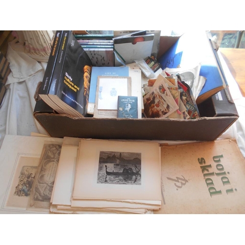 1052 - EPHEMERA a box, incl. prints, Peter Cheyney Crime Club Game c.1939, set Tarot cards, QEII Passenger ... 