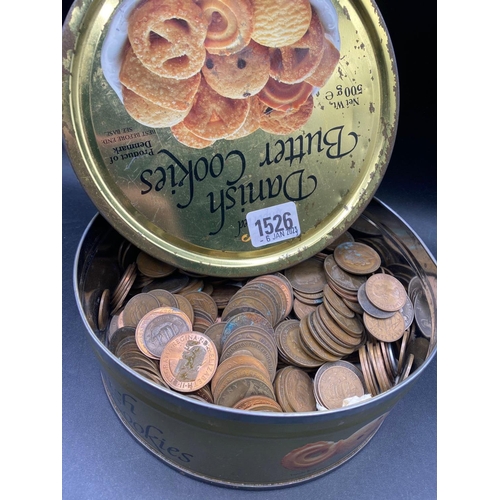 1526 - Tin of pennies, half-pennies, farthings