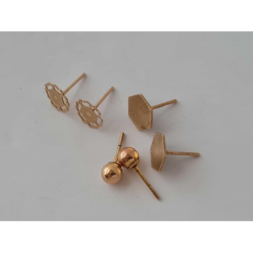 156 - Three pairs of ear studs 9ct