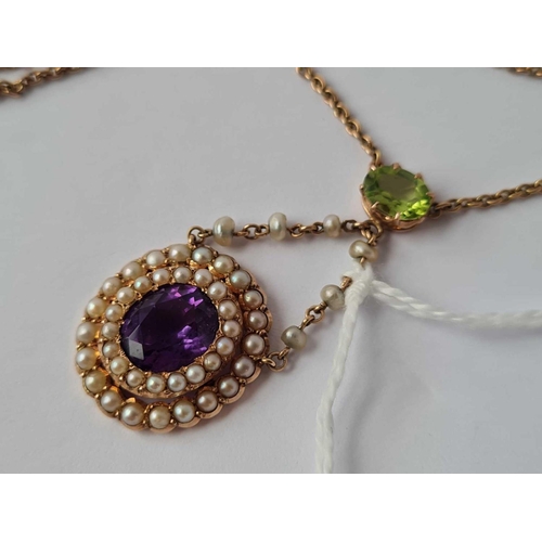 234 - A EDWARDIAN SUFFRAGETTE GOLD PENDANT NECKLET SET WITH HALF PEARLS AMETHYST AND PERIDOTS 15CT GOLD