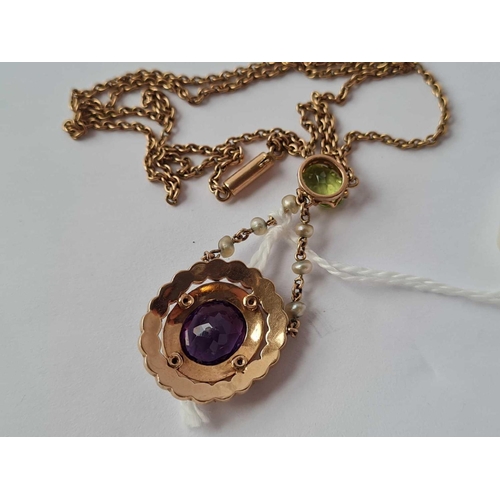 234 - A EDWARDIAN SUFFRAGETTE GOLD PENDANT NECKLET SET WITH HALF PEARLS AMETHYST AND PERIDOTS 15CT GOLD