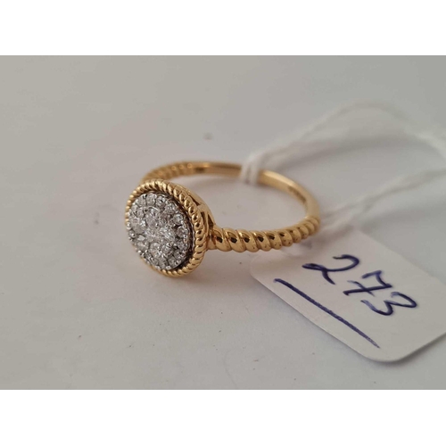 273 - An attractive diamond ring with rope twist detail to shank in 18ct gold size M 3.5g inc