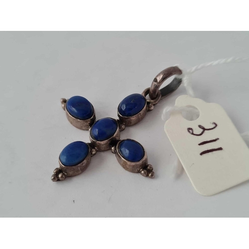 311 - A silver five lapis lazuli bead cross pendant