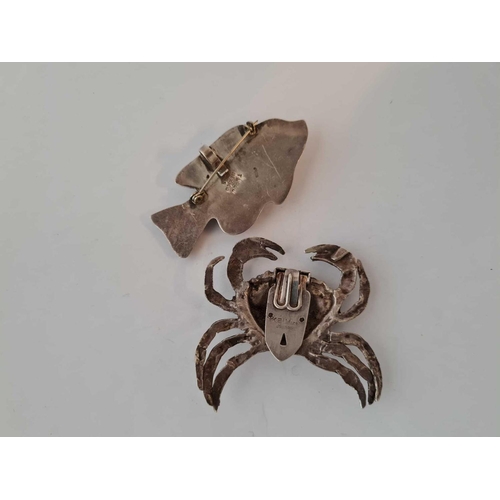 333 - A vintage silver Crab clip signed KEIM ltd London and a Mexican silver fish brooch