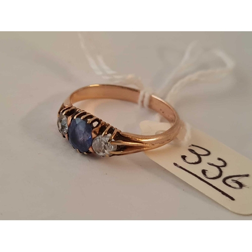 336 - A blue & white stone sapphire ring in gold mount size J 2.6g inc