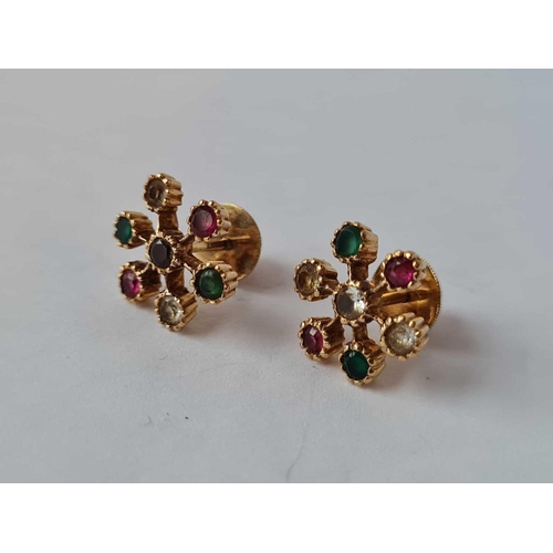 360 - A pair of star design earrings set with semi precious stones 18ct gold    3.5 gms