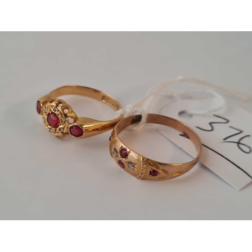 376 - A RUBY AND DIAMOND RING SIZE P AND ANOTHER GOLD RING SIZE T BOTH 18CT GOLD    5.3 GMS