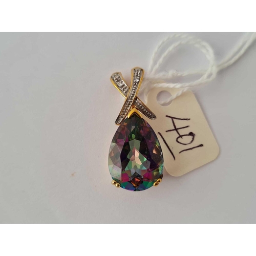 401 - Large pear shaped mystic topaz pendant in 9ct mount 5g inc