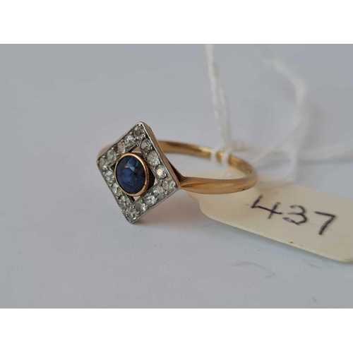 437 - A deco sapphire and diamond cluster ring with central sapphire set in high carat gold size N     2 g... 