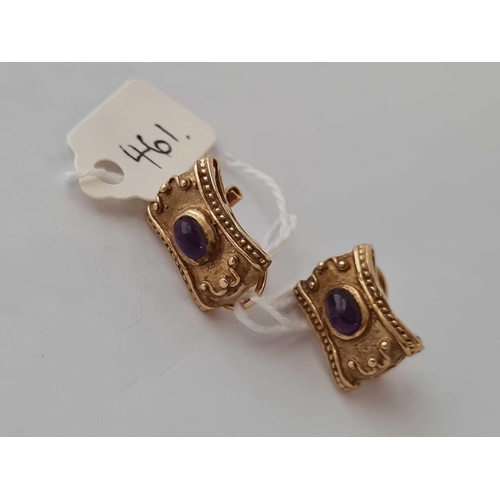 461 - A PAIR OF CABOCHON AMETHYST CLASSICAL EARRINGS 14CT GOLD