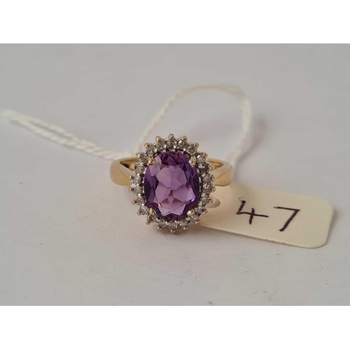 47 - A amethyst and diamond cluster 25 points ring 9ct gold size L    4 gms