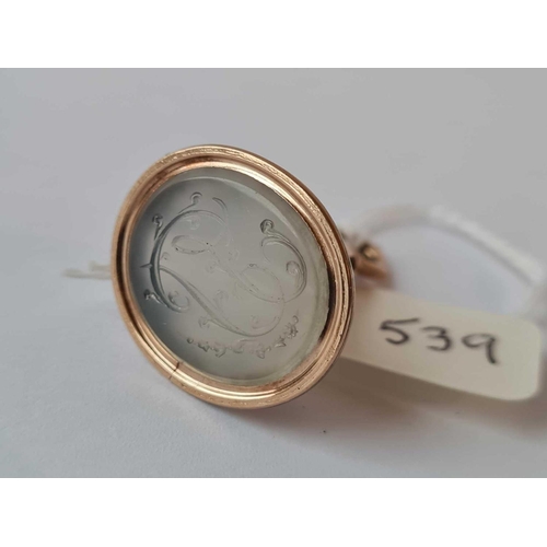 539 - A Victorian gold seal set with a chalcedony engraved with a monogram and flowers