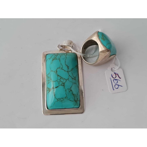 566 - Large rectangular turquoise & silver pendant with matching ring 46g inc