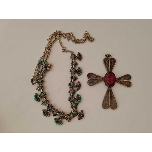 655 - A silver and turquoise fancy necklace and filagree cross