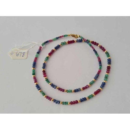 678 - A Sapphire Ruby & Emerald Bead Necklace with 9ct mounts 11.5g inc