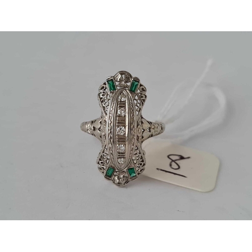 8 - Vintage diamond & green stone plaque ring in 18ct white gold size O 3.2g inc