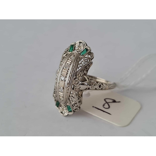 8 - Vintage diamond & green stone plaque ring in 18ct white gold size O 3.2g inc