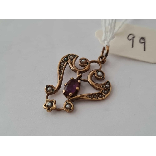 99 - A pearl and amethyst drop pendant 9ct