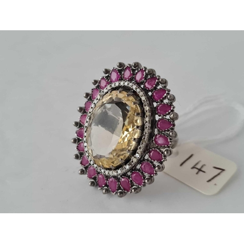 147 - A FANCY DIAMOND & RUBY with EXTRA LARGE CITRINE DRESS RING Size N 2cm x 1.5cm