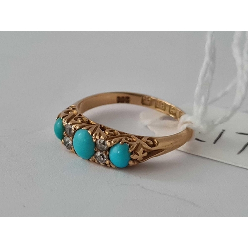 217 - A SEVEN STONE TURQUOISE AND DIAMOND RING 18CT GOLD SIZE K   2.7 GMS