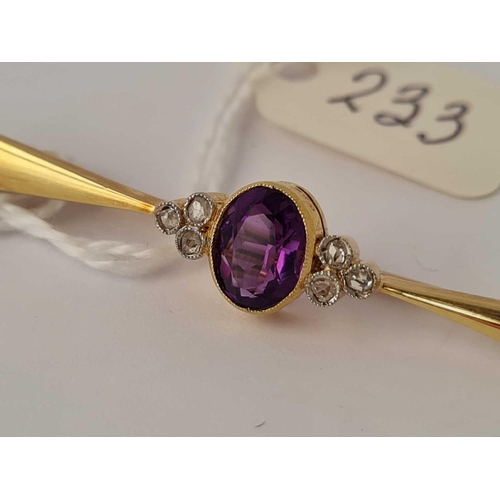 233 - A amethyst and diamond bar brooch 15ct gold    5.5 gms