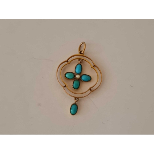 28 - Antique Edwardian 9ct pendant mounted with turquoise & a pearl