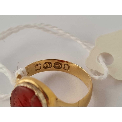 51 - A VICTORIAN B'HAM 1895 RING SET WITH HARD STONE BULL INTAGLIO 18CT GOLD SIZE J