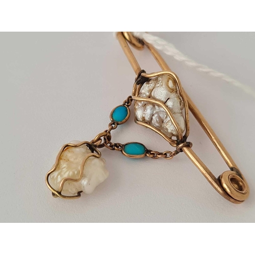 54 - A art nouveau gold baroque pearl and turquoise brooch    3.5 ms