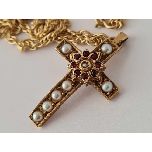 64 - An antique pearl and garnet 9ct cross on 9ct chain 8.8g