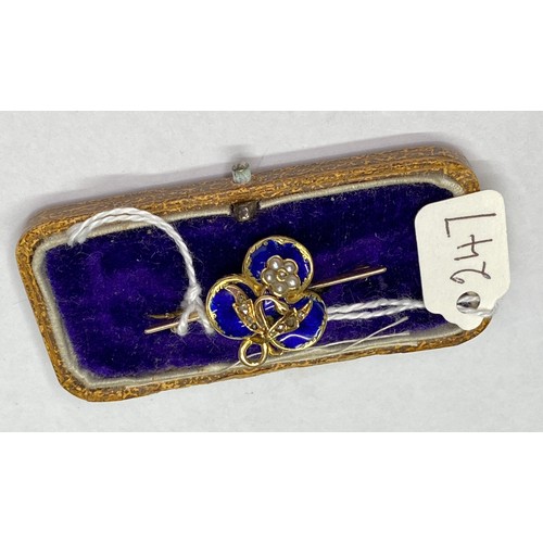 247 - A EARLY VICTORIAN FLOWER AND CLOVER DESIGN DIAMOND PEARL AND BLUE ENAMELLED BROOCH 
WITH GLAZED MEMO... 