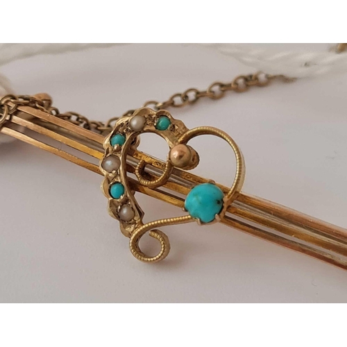 49 - An attractive antique Turquoise and pearl gold brooch with gold safety chain