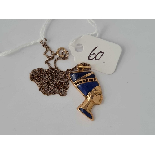 60 - High carat gold lapis set Egyptian head pendant on chain 16� 3g