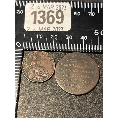 1369 - A Crewkerne Token for Sparks & GIDLEY and a farthing 1823