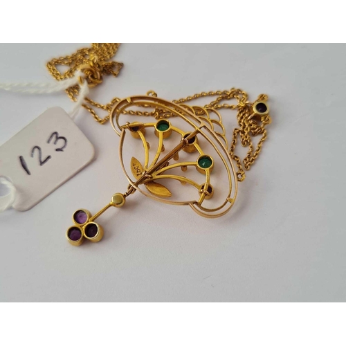 123 - Antique Edwardian suffragette 15ct (marked) pendant necklet, set with
amethysts, emeralds and pearls... 