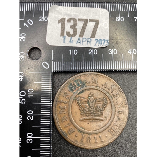 1377 - Birmingham and Neath copper one penny token 1811