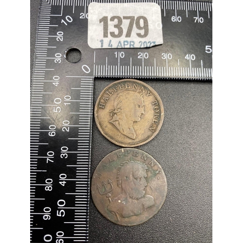 1379 - Whale fishery Half penny token 1794 and an Irish half penny token 1820 (2)