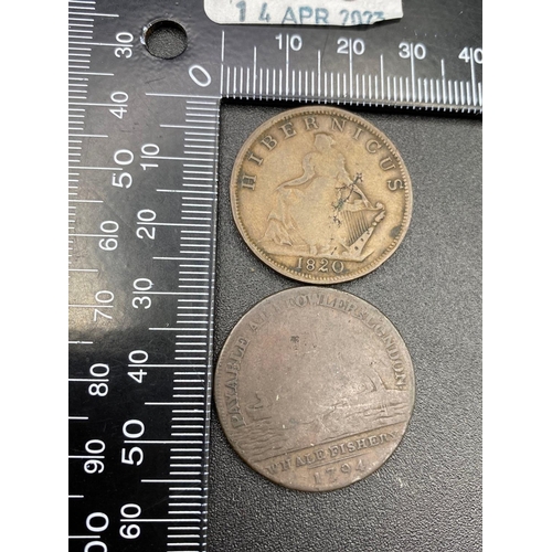 1379 - Whale fishery Half penny token 1794 and an Irish half penny token 1820 (2)