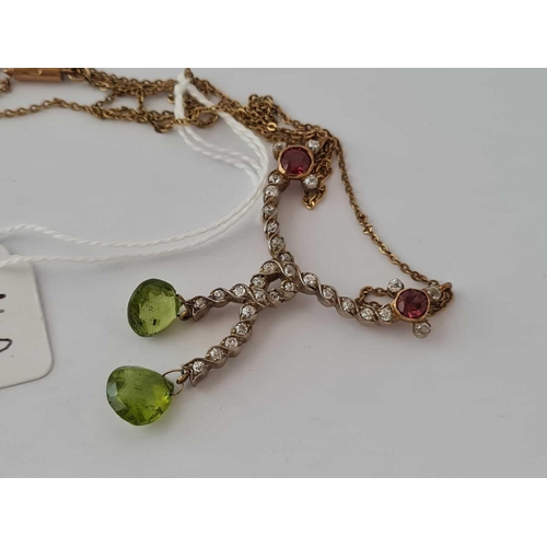 140 - A ART DECO FANCY DIAMOND PENDANT/NECKLACE 20 INCH  WITH PERIDOT BRIOLETE CUT FINIALS AND PINK TOURMA... 