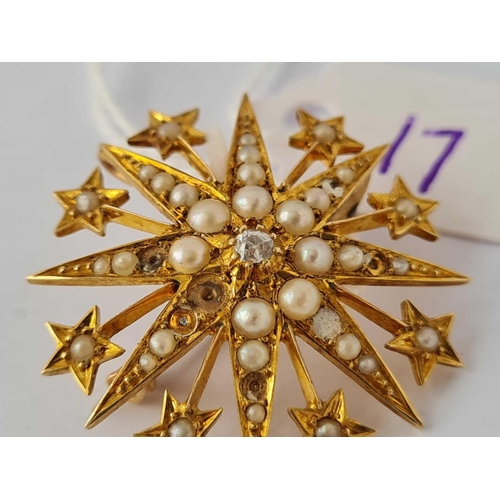 17 - A DIAMOND AND PEARL STAR BROOCH 15CT GOLD SOME PEARLS MISSING    5.5 GMS