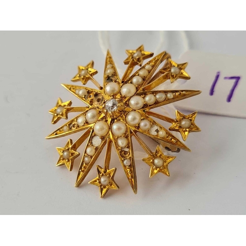 17 - A DIAMOND AND PEARL STAR BROOCH 15CT GOLD SOME PEARLS MISSING    5.5 GMS