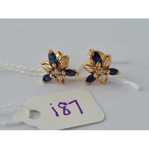 187 - A pair of sapphire and diamond earrings 18ct gold    2 gms